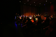 An indoor scene of a symphony orchestra performing on stage.