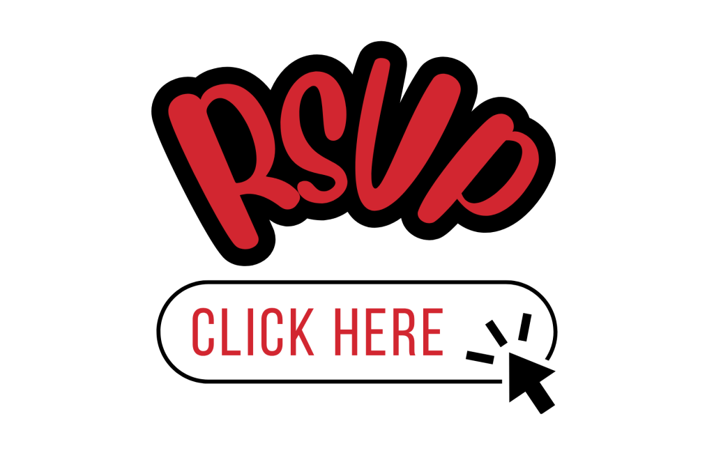 RSVP text with a "CLICK HERE" button and a cursor icon.