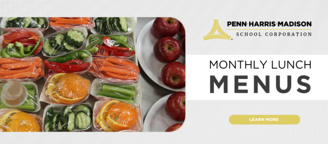 Monthly lunch menu displayed on a whiteboard with colorful food items.