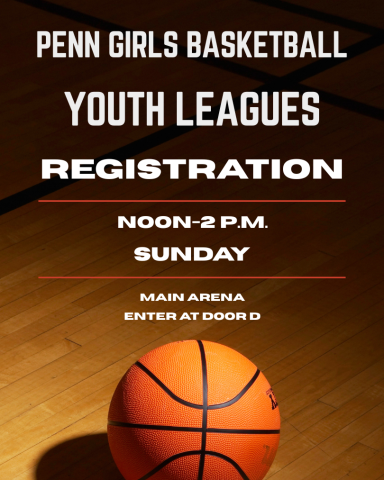 Penn Girls Youth League registration flyer for Sunday, November 2nd at 2 pm in a gymnasium.