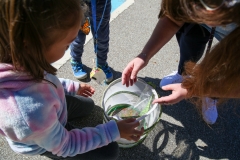 Two people interacting with a small fish tank on the ground.