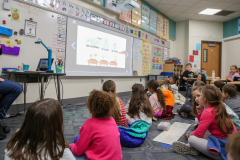 Teacher presenting to students in a classroom setting.