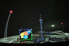 A computer screen displaying a space scene with a cityscape in the background and a large moon in the sky.
