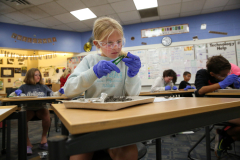 Girl in blue shirt wearing safety goggles at a desk with owl pellet dissection materials.