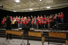 The group of students in red shirts are performing at a school concert.