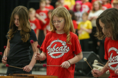 Three girls playing musical instruments in a school concert.