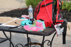Pink sneakers on a table next to a red backpack and a water bottle.