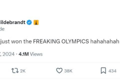 Sarah Hildebrandt celebrating her Olympic success with a humorous meme.